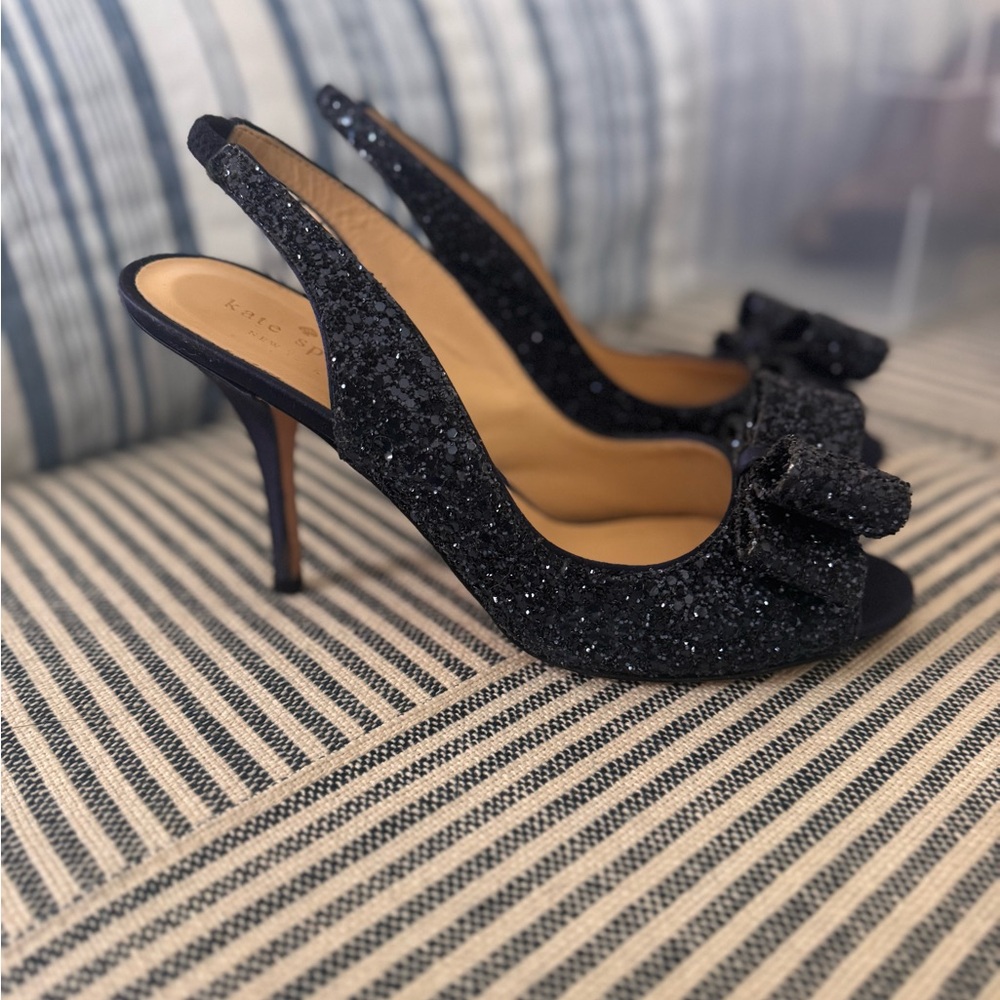 Navy blue Glittery Slingback Heels with Bow